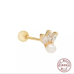 Birdie Pearl Marquise Clear Crystal CZ 18k Gold Plated S925 Pierced Earring 1pc